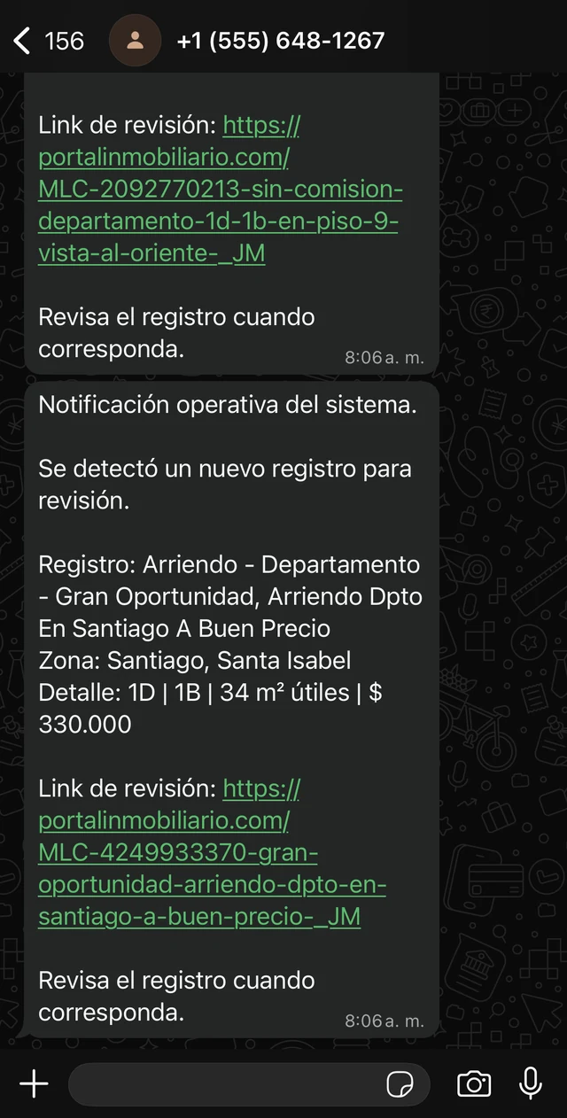Ejemplo anonimizado de alertas inmobiliarias recibidas por WhatsApp